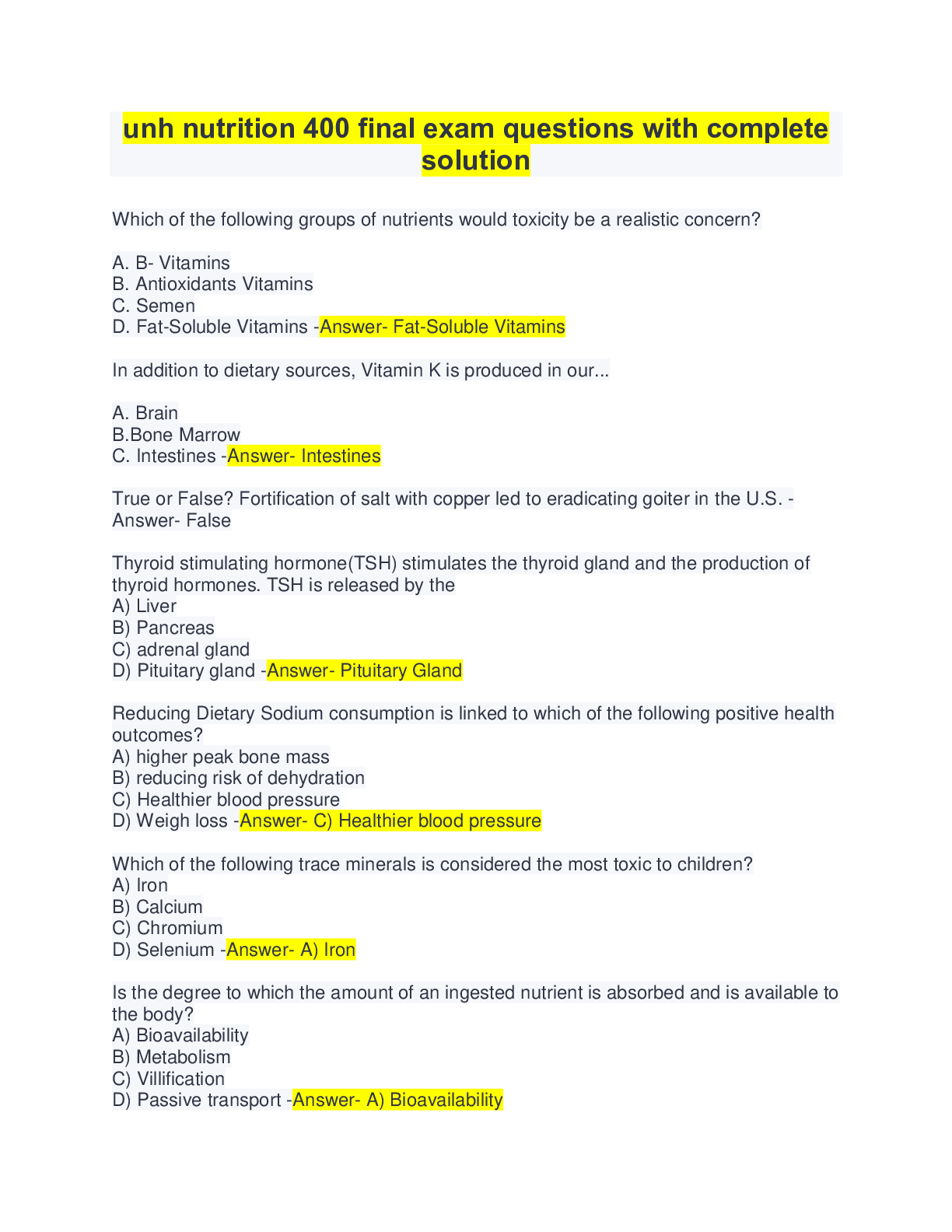 Preview image for unh nutrition 400 final exam questions with complete solution